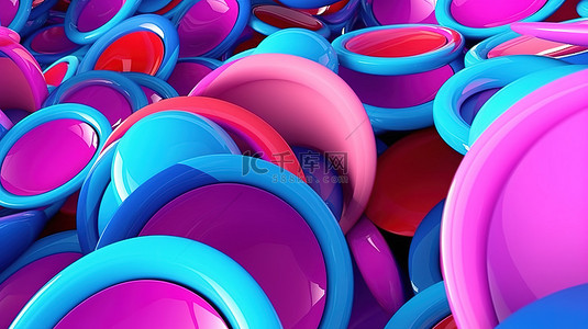 带有蓝色紫色和粉色圆圈的 3D 渲染抽象插图的特写