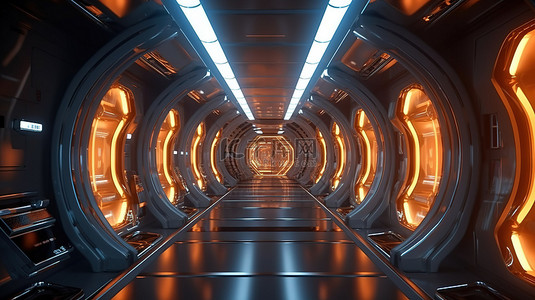 科技引领时代背景图片_太空时代金属走廊的 3d 渲染