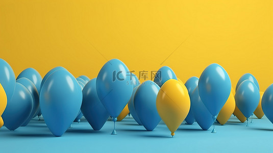 思考中的背景图片_3d 中的蓝色气球在黄色背景上呈现为引人注目的亮点