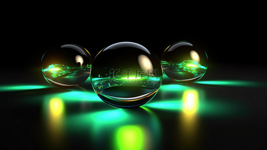 抽象 3D 插图中黑色表面上照亮的三个带有绿色核心的发光球体