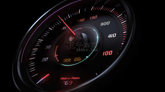 3D 插图中黑色汽车面板的特写视图，配有数字明亮转速表