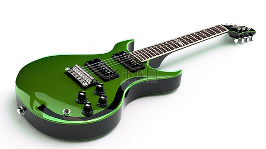 3d 在白色隔离背景上呈现绿色和黑色六弦电吉他