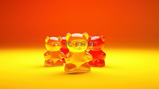 橙色背景上的甜软糖熊果冻熊 3D 渲染与软糖豆口音