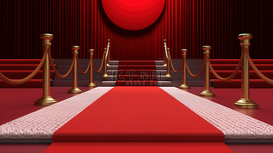 红地毯背景图片_红地毯舞台上比特币符号的 3D 插图