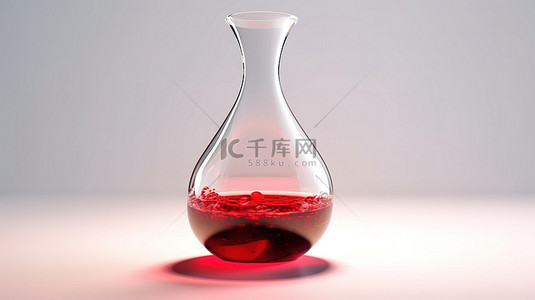 红酒倒入白色背景 3D 渲染的玻璃水晶醒酒器中