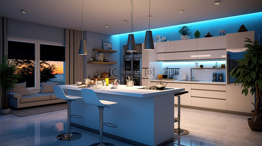 现代厨房内部采用时尚的白色设计，早餐吧由夜间照明 3D 渲染照亮