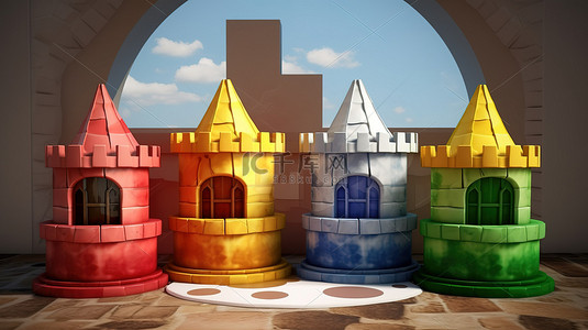 玩具城堡背景图片_以产品展示台为特色的 3D 卡通城堡
