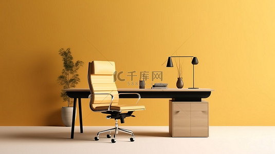 办公家具背景图片_时尚的办公家具套装现代办公桌和椅子 3D 渲染