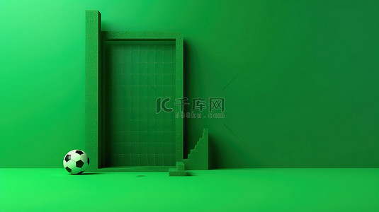 绿色足球的足球背景图片_简约绿色足球场的时尚 3D 插图，配有足球和球门柱