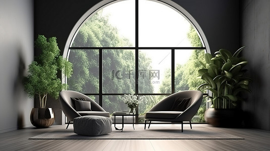 室内背景图片_现代灰色豪华家居室内模型，配有黑色椅子拱窗和花园 3D 渲染