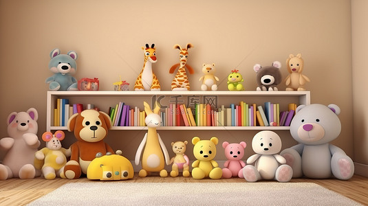 模板家具背景图片_带有毛绒玩具动物的儿童游戏室的 3D 渲染插图
