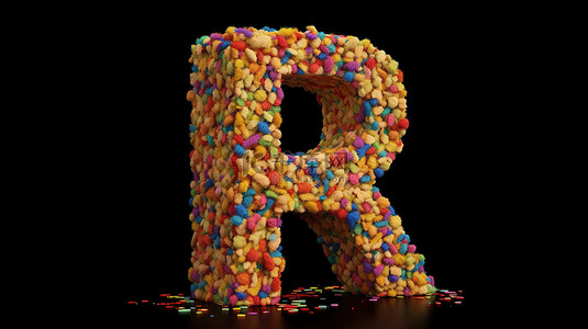 彩虹洒在字母表中形成字母 r 的 3d 插图
