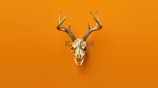 橙色背景渲染3d单色鹿头骨