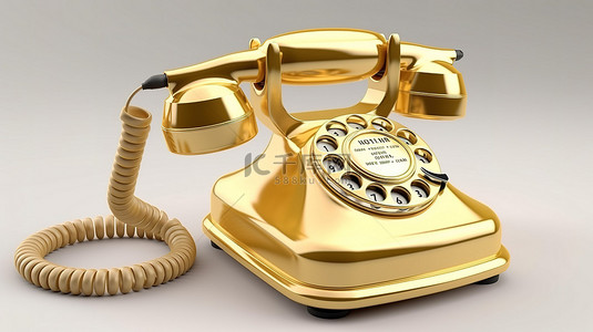 白色背景上古董金色旋转电话的 3d 渲染