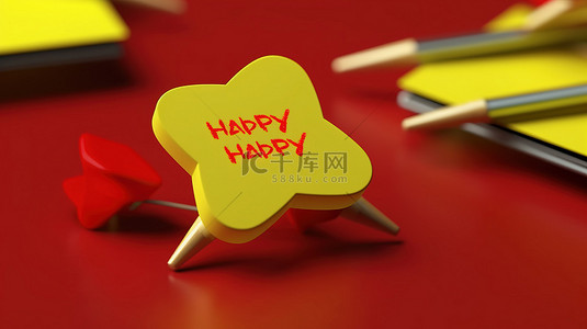 黄色便签上红色图钉的 3D 渲染祝您节日快乐