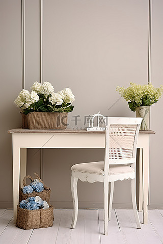 一间有鲜花和一张白色桌子的房间的照片
