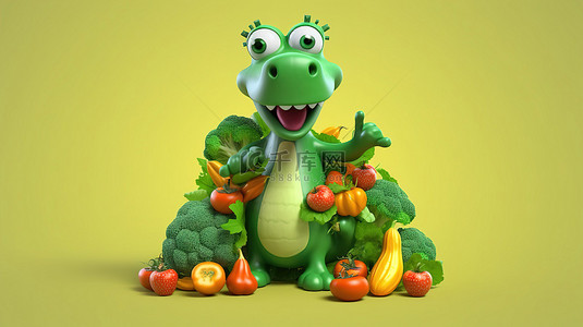 可爱的 3D 恐龙与悬浮蔬菜