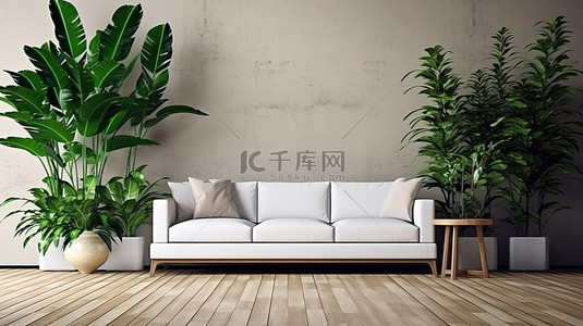 沙发设计背景背景图片_木板房内配有盆栽植物的简约白色沙发设计的 3D 渲染