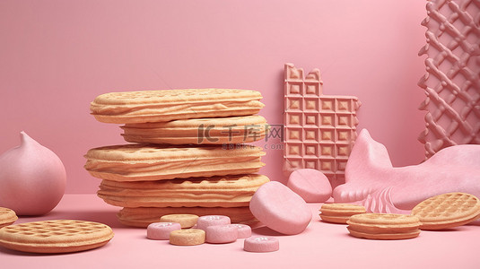 威化手绘背景图片_脆皮威化牛奶烘焙食品和美味的华夫饼 3D 呈现在充满活力的粉红色背景上