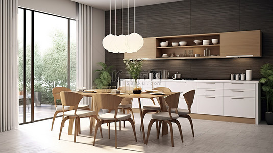 带厨柜和木制餐桌的豪华餐厅的 3d 渲染