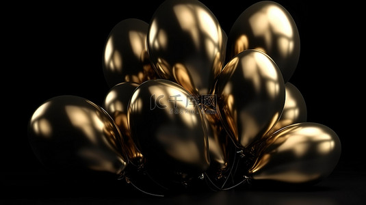 漂浮背景装饰背景图片_黑色背景下的金色气球簇 3D 渲染图像