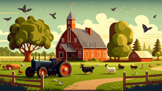 农场房子拖拉机插画背景