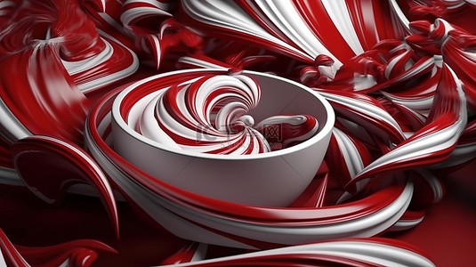 红色和白色令人惊叹的 3D 渲染背景中扭曲的漩涡板艺术