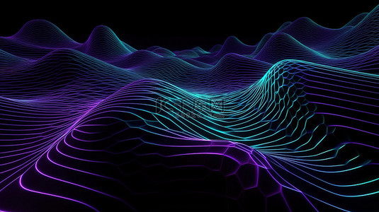 条状背景背景图片_空灵的几何波浪带有抽象蓝色发光线的引人注目的紫色条带的 3D 插图