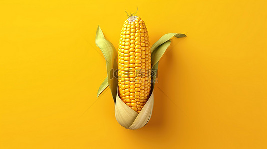 阳光明媚的黄色背景上充满活力的 3D 卡通玉米插图