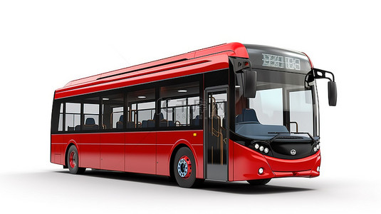 白色孤立背景下中型红色城市公交车的 3D 渲染