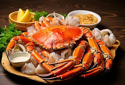 螃蟹螃蟹背景图片_蟹肉和海鲜放在木盘上
