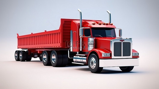 拖车式自卸卡车的 3D 插图，连接到宽敞的美国红色卡车，用于高效散装货物运输