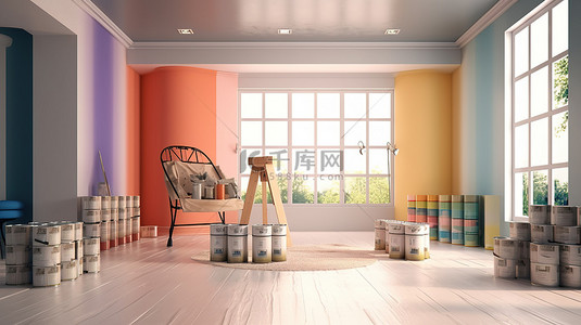 油漆刷墙背景图片_用新油漆改造的内饰宽敞的房间配有绘图工具和鲜艳的色彩