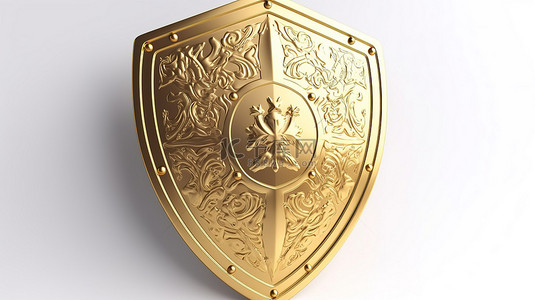 白色背景上 3D 渲染的金色盾牌图标象征着中世纪的保护安全和防御
