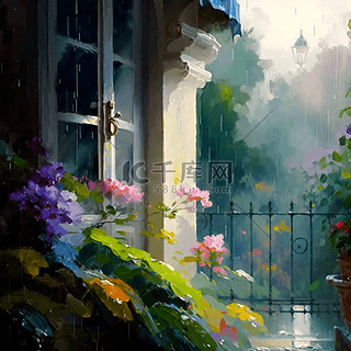 雨背景图片_花朵雨中的阳台花园油画花卉背景