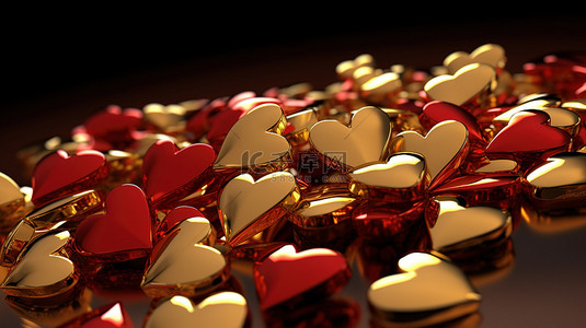 3d 渲染中的金色和红色的心簇
