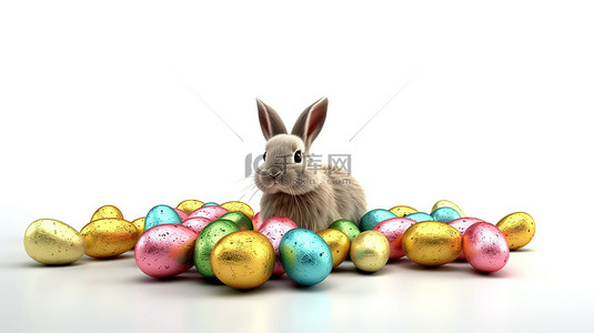 白色背景上带有复制空间的复活节兔子和彩蛋的 3D 渲染
