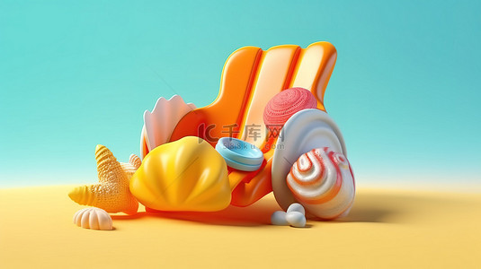 暑假主题的 3D 插图，包括充气沙滩玩具贝壳人字拖和沙滩椅复制空间