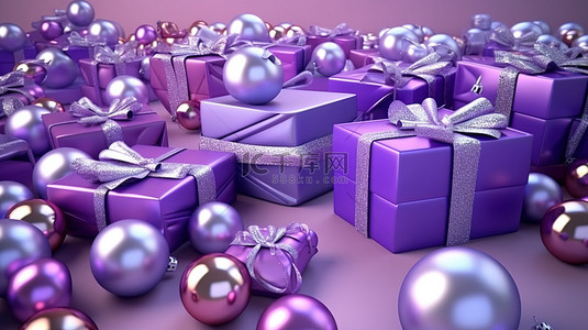 节日圣诞盒球和手杖的 3D 渲染，带有优雅的紫色丝带