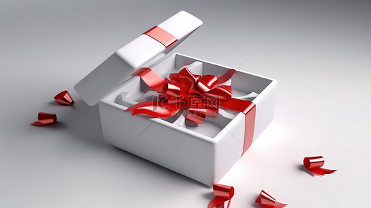 红色惊喜礼物背景图片_3D 渲染的礼品盒，带有红色蝴蝶结和未包装的丝带