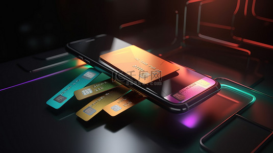 电子商务背景图片_电子商务和安全支付概念信用卡和智能手机的 3D 渲染
