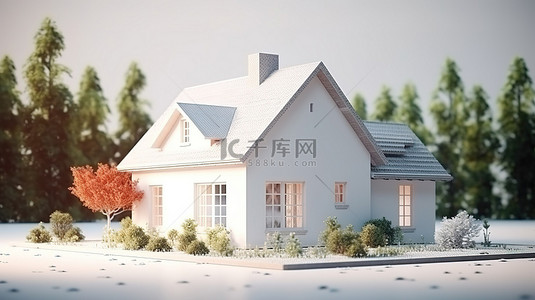 现代粘土风格小屋，白色砖墙外墙，在白色背景下以 3D 渲染