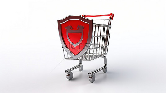 安全购物 3D 在白色背景上呈现红色金属盾，象征着消费者保护