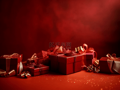 红色礼盒蝴蝶结丝带节礼日广告背景