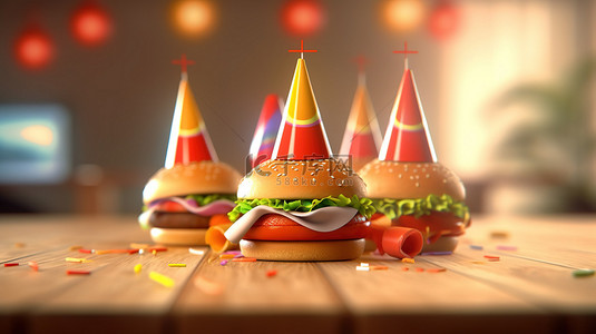3d 渲染的汉堡包戴着派对帽子