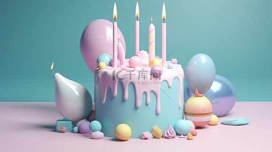 蓝色背景生日背景图片_6 岁生日庆祝 3d 粉彩蛋糕，蓝色背景上有蜡烛复制空间