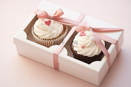 白色盒子里的两个纸杯蛋糕装饰着白色蝴蝶结