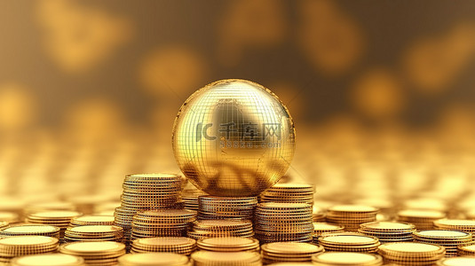 金球奖和象征全球金融业的堆积金币的 3D 渲染