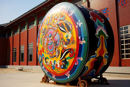 一个鼓背景图片_建筑物前面有一个巨大的彩色鼓