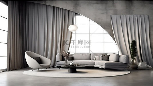厂房背景图片_当代孟菲斯空间，拥有优雅的灰色墙壁和带有令人惊叹的 3D 设计拱门的窗帘